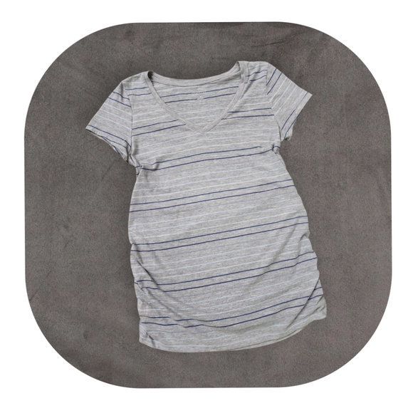 a:glow Tops - Grey/Blue Striped Ruched Side Maternity Tee, Women's Large (Maternity)